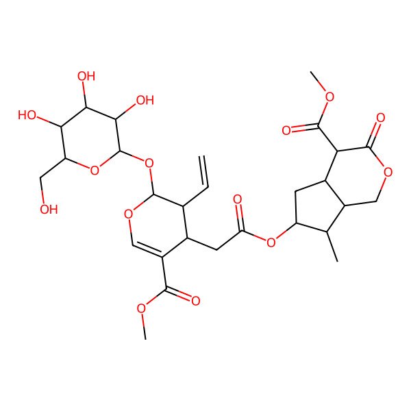 2D Structure of methyl (4S,4aS,6S,7R,7aS)-6-[2-[(2S)-3-ethenyl-5-methoxycarbonyl-2-[(2S,3R,4S,5S,6R)-3,4,5-trihydroxy-6-(hydroxymethyl)oxan-2-yl]oxy-3,4-dihydro-2H-pyran-4-yl]acetyl]oxy-7-methyl-3-oxo-4,4a,5,6,7,7a-hexahydro-1H-cyclopenta[c]pyran-4-carboxylate