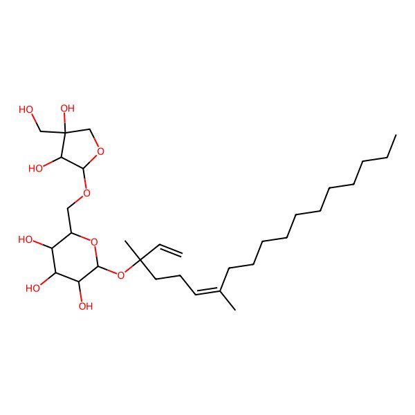 2D Structure of (2R,3S,4S,5R,6S)-2-[[(2R,3R,4R)-3,4-dihydroxy-4-(hydroxymethyl)oxolan-2-yl]oxymethyl]-6-[(6E)-3,7-dimethyloctadeca-1,6-dien-3-yl]oxyoxane-3,4,5-triol