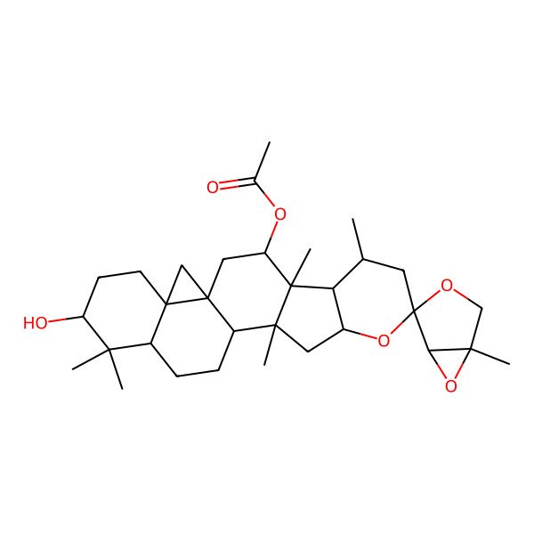 2D Structure of (18'-Hydroxy-1,4',6',12',17',17'-hexamethylspiro[3,6-dioxabicyclo[3.1.0]hexane-4,8'-9-oxahexacyclo[11.9.0.01,21.04,12.05,10.016,21]docosane]-3'-yl) acetate