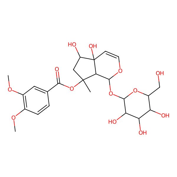 2D Structure of [(1S,4aS,5R,7S,7aS)-4a,5-dihydroxy-7-methyl-1-[(2S,3R,4S,5S,6R)-3,4,5-trihydroxy-6-(hydroxymethyl)oxan-2-yl]oxy-1,5,6,7a-tetrahydrocyclopenta[c]pyran-7-yl] 3,4-dimethoxybenzoate
