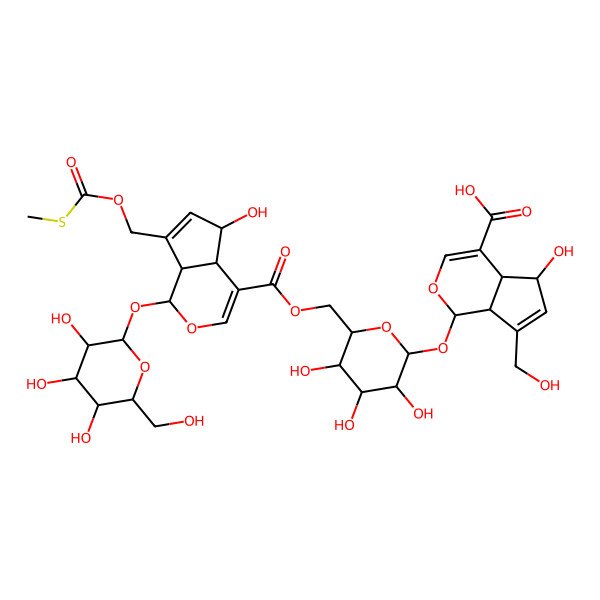 2D Structure of (1S,4aS,5R,7aS)-1-[(2S,3R,4S,5S,6R)-6-[[(1S,4aS,5R,7aS)-5-hydroxy-7-(methylsulfanylcarbonyloxymethyl)-1-[(2S,3R,4S,5S,6R)-3,4,5-trihydroxy-6-(hydroxymethyl)oxan-2-yl]oxy-1,4a,5,7a-tetrahydrocyclopenta[c]pyran-4-carbonyl]oxymethyl]-3,4,5-trihydroxyoxan-2-yl]oxy-5-hydroxy-7-(hydroxymethyl)-1,4a,5,7a-tetrahydrocyclopenta[c]pyran-4-carboxylic acid