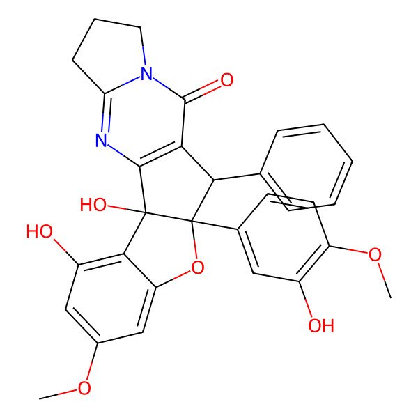 2D Structure of (2S,10R,11R)-2,4-dihydroxy-10-(3-hydroxy-4-methoxyphenyl)-6-methoxy-11-phenyl-9-oxa-14,19-diazapentacyclo[10.7.0.02,10.03,8.014,18]nonadeca-1(12),3,5,7,18-pentaen-13-one