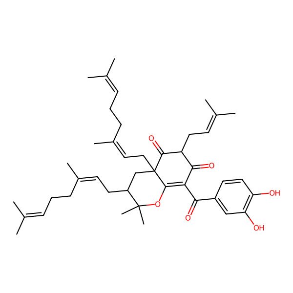 2D Structure of 8-(3,4-dihydroxybenzoyl)-3,4a-bis[(2E)-3,7-dimethylocta-2,6-dienyl]-2,2-dimethyl-6-(3-methylbut-2-enyl)-3,4-dihydrochromene-5,7-dione