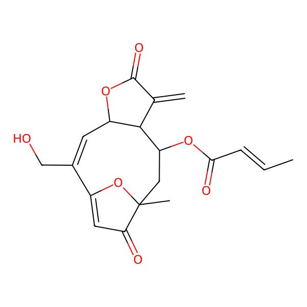 2D Structure of [2-(Hydroxymethyl)-11-methyl-7-methylidene-6,12-dioxo-5,14-dioxatricyclo[9.2.1.04,8]tetradeca-1(13),2-dien-9-yl] but-2-enoate