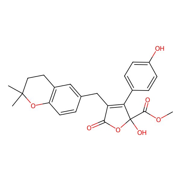 2D Structure of Methyl 4-[(2,2-dimethyl-3,4-dihydrochromen-6-yl)methyl]-2-hydroxy-3-(4-hydroxyphenyl)-5-oxofuran-2-carboxylate