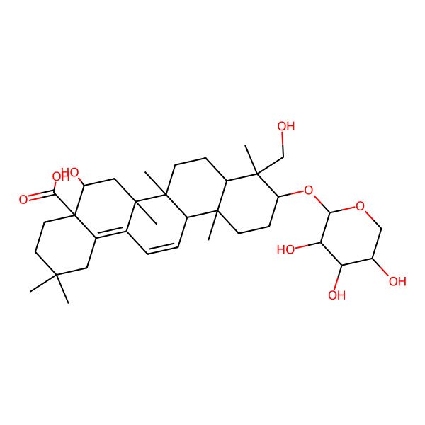 2D Structure of 5-Hydroxy-9-(hydroxymethyl)-2,2,6a,6b,9,12a-hexamethyl-10-(3,4,5-trihydroxyoxan-2-yl)oxy-1,3,4,5,6,6a,7,8,8a,10,11,12-dodecahydropicene-4a-carboxylic acid