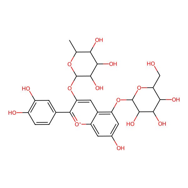2D Structure of (2S,3S,4R,5R,6S)-2-[2-(3,4-dihydroxyphenyl)-7-hydroxy-5-[(2S,3S,4S,5S,6R)-3,4,5-trihydroxy-6-(hydroxymethyl)oxan-2-yl]oxychromenylium-3-yl]oxy-6-methyloxane-3,4,5-triol