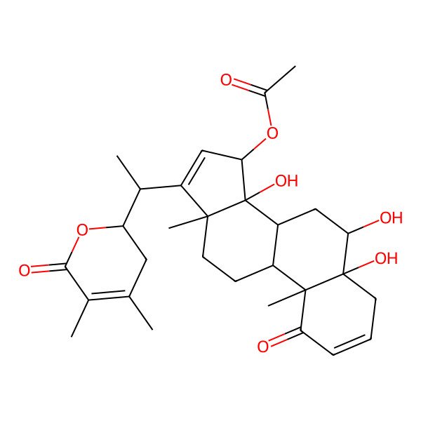 2D Structure of [(5R,6R,8R,9S,10R,13R,14R,15S)-17-[(1S)-1-[(2R)-4,5-dimethyl-6-oxo-2,3-dihydropyran-2-yl]ethyl]-5,6,14-trihydroxy-10,13-dimethyl-1-oxo-4,6,7,8,9,11,12,15-octahydrocyclopenta[a]phenanthren-15-yl] acetate