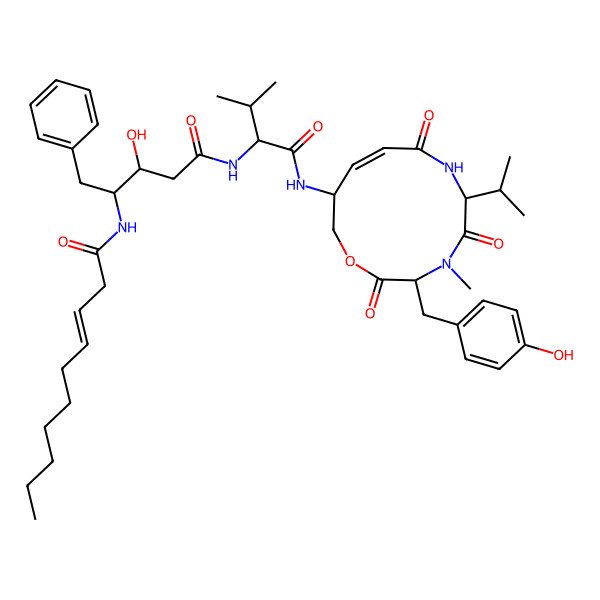2D Structure of N-[3-hydroxy-5-[[1-[[3-[(4-hydroxyphenyl)methyl]-4-methyl-2,5,8-trioxo-6-propan-2-yl-1-oxa-4,7-diazacyclododec-9-en-11-yl]amino]-3-methyl-1-oxobutan-2-yl]amino]-5-oxo-1-phenylpentan-2-yl]dec-3-enamide