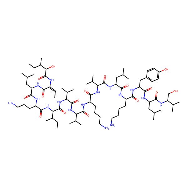 2D Structure of 6-amino-2-[[2-[[2-[[6-amino-2-[[2-[[2-[[2-[[5-amino-2-[[2-[2-[(2-hydroxy-3-methylpentanoyl)amino]but-2-enoylamino]-4-methylpentanoyl]amino]pentanoyl]amino]-3-methylpentanoyl]amino]-3-methylbutanoyl]amino]-3-methylbutanoyl]amino]hexanoyl]amino]-3-methylbutanoyl]amino]-4-methylpentanoyl]amino]-N-[1-[[1-[(1-hydroxy-3-methylbutan-2-yl)amino]-4-methyl-1-oxopentan-2-yl]amino]-3-(4-hydroxyphenyl)-1-oxopropan-2-yl]hexanamide