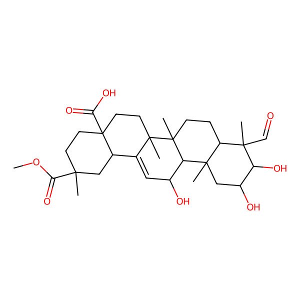 2D Structure of 9-Formyl-10,11,13-trihydroxy-2-methoxycarbonyl-2,6a,6b,9,12a-pentamethyl-1,3,4,5,6,6a,7,8,8a,10,11,12,13,14b-tetradecahydropicene-4a-carboxylic acid
