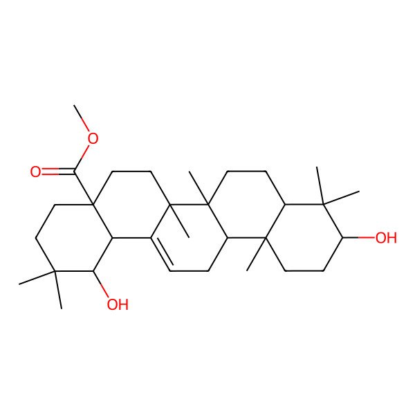 2D Structure of methyl (1R,4aR,6aS,6aS,6bR,8aS,10S,12aR,14bS)-1,10-dihydroxy-2,2,6a,6b,9,9,12a-heptamethyl-1,3,4,5,6,6a,7,8,8a,10,11,12,13,14b-tetradecahydropicene-4a-carboxylate