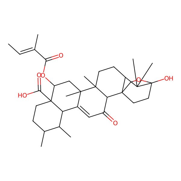 2D Structure of (1R,2S,6S,7S,8R,11R,12S,14S,15R,18R,20S)-20-hydroxy-7,8,14,15,19,19-hexamethyl-12-[(Z)-2-methylbut-2-enoyl]oxy-3-oxo-21-oxahexacyclo[18.2.2.01,18.02,15.05,14.06,11]tetracos-4-ene-11-carboxylic acid