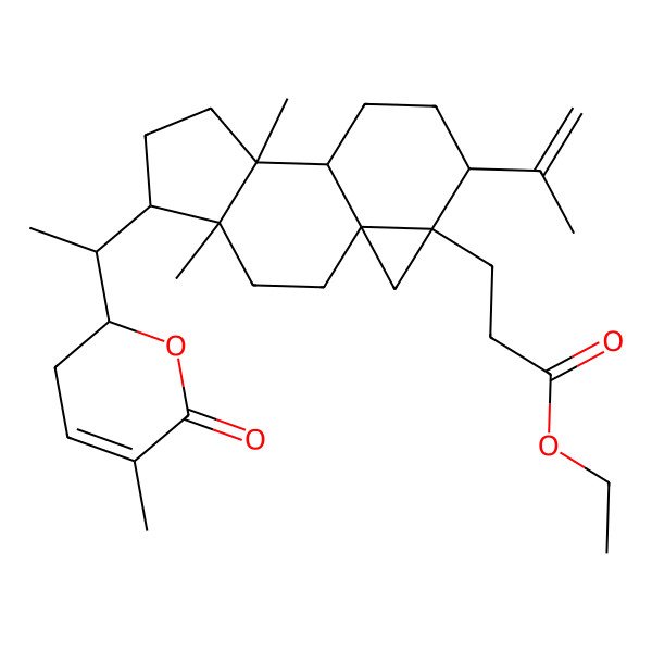 2D Structure of Ethyl 3-[4,8-dimethyl-5-[1-(5-methyl-6-oxo-2,3-dihydropyran-2-yl)ethyl]-12-prop-1-en-2-yl-13-tetracyclo[7.5.0.01,13.04,8]tetradecanyl]propanoate