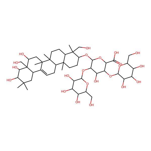 2D Structure of (2S,3S,4S,5R,6R)-6-[[(3S,4S,4aS,6aR,6bS,8R,8aR,9R,10R,12aS,14aR,14bR)-8,9,10-trihydroxy-4,8a-bis(hydroxymethyl)-4,6a,6b,11,11,14b-hexamethyl-1,2,3,4a,5,6,7,8,9,10,12,12a,14,14a-tetradecahydropicen-3-yl]oxy]-4-hydroxy-3,5-bis[[(2S,3R,4S,5S,6R)-3,4,5-trihydroxy-6-(hydroxymethyl)oxan-2-yl]oxy]oxane-2-carboxylic acid
