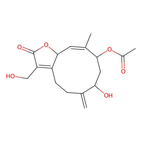 2D Structure of [(7R,9S,10E,11aR)-7-hydroxy-3-(hydroxymethyl)-10-methyl-6-methylidene-2-oxo-4,5,7,8,9,11a-hexahydrocyclodeca[b]furan-9-yl] acetate