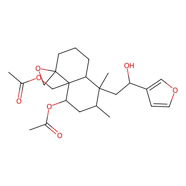 2D Structure of [5-acetyloxy-8-[2-(furan-3-yl)-2-hydroxyethyl]-7,8-dimethylspiro[2,3,5,6,7,8a-hexahydro-1H-naphthalene-4,2'-oxirane]-4a-yl]methyl acetate