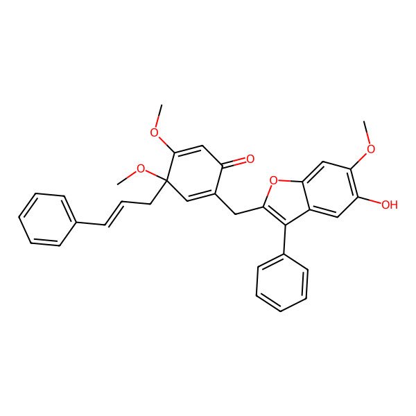 2D Structure of (4R)-2-[(5-hydroxy-6-methoxy-3-phenyl-1-benzofuran-2-yl)methyl]-4,5-dimethoxy-4-[(E)-3-phenylprop-2-enyl]cyclohexa-2,5-dien-1-one