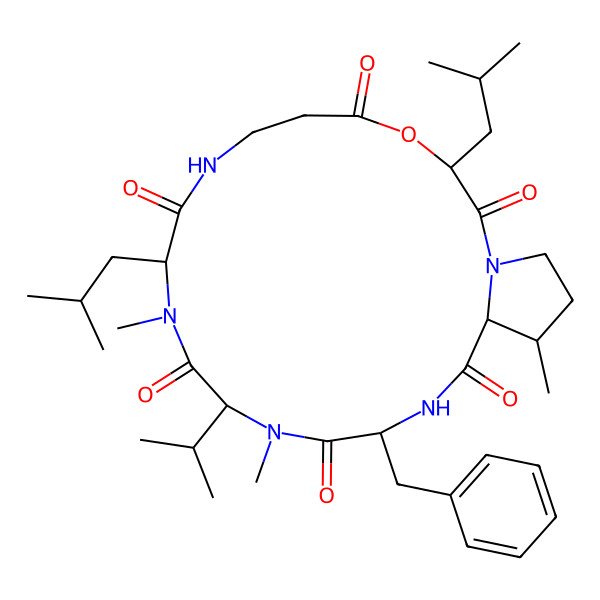 2D Structure of (10S,13S,16S,19S)-16-benzyl-11,14,20-trimethyl-3,10-bis(2-methylpropyl)-13-propan-2-yl-4-oxa-1,8,11,14,17-pentazabicyclo[17.3.0]docosane-2,5,9,12,15,18-hexone
