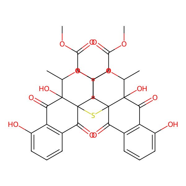 2D Structure of methyl 2-[(1S,3S,4aS,10aR)-4a-[[(1S,3S,4aS,10aR)-9,10a-dihydroxy-3-(2-methoxy-2-oxoethyl)-1-methyl-5,10-dioxo-3,4-dihydro-1H-benzo[g]isochromen-4a-yl]sulfanyl]-9,10a-dihydroxy-1-methyl-5,10-dioxo-3,4-dihydro-1H-benzo[g]isochromen-3-yl]acetate