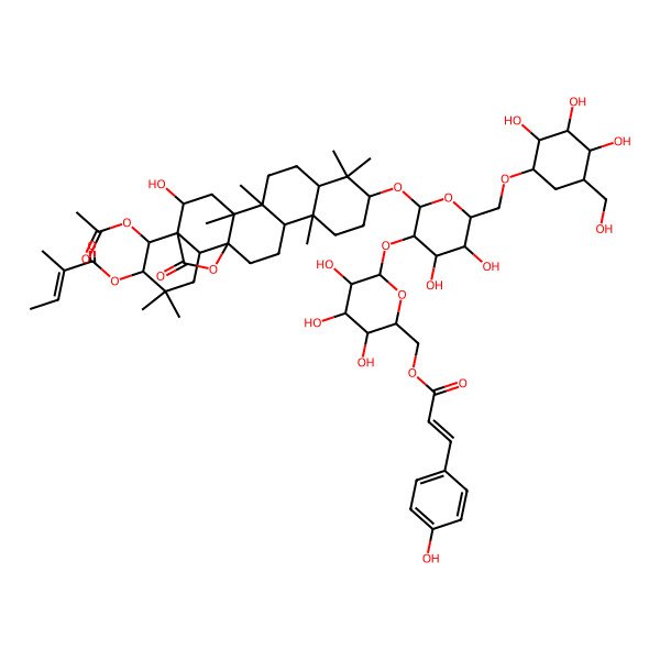 2D Structure of [22-Acetyloxy-10-[4,5-dihydroxy-6-[[2,3,4-trihydroxy-5-(hydroxymethyl)cyclohexyl]oxymethyl]-3-[3,4,5-trihydroxy-6-[3-(4-hydroxyphenyl)prop-2-enoyloxymethyl]oxan-2-yl]oxyoxan-2-yl]oxy-2-hydroxy-4,5,9,9,13,20,20-heptamethyl-23-oxo-24-oxahexacyclo[15.5.2.01,18.04,17.05,14.08,13]tetracosan-21-yl] 2-methylbut-2-enoate