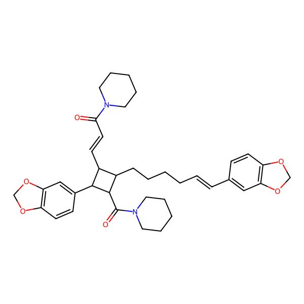 2D Structure of (Z)-3-[(1R,2S,3S,4R)-2-(1,3-benzodioxol-5-yl)-4-[(E)-6-(1,3-benzodioxol-5-yl)hex-5-enyl]-3-(piperidine-1-carbonyl)cyclobutyl]-1-piperidin-1-ylprop-2-en-1-one