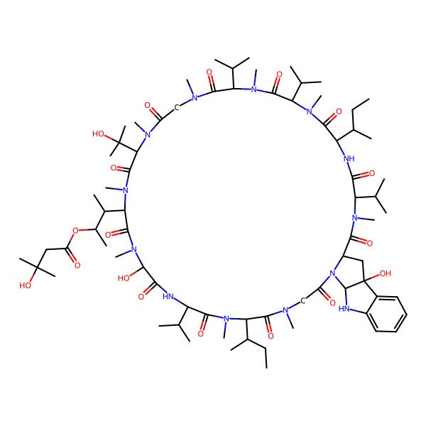 2D Structure of [(2S,3R)-3-[(1S,4S,7S,10S,13S,19S,22S,25R,28S,45R)-7,31-bis[(2S)-butan-2-yl]-25,45-dihydroxy-19-(2-hydroxypropan-2-yl)-3,9,12,15,18,21,24,30,33-nonamethyl-2,5,8,11,14,17,20,23,26,29,32,35-dodecaoxo-4,10,13,28-tetra(propan-2-yl)-3,6,9,12,15,18,21,24,27,30,33,36,38-tridecazatetracyclo[34.10.0.037,45.039,44]hexatetraconta-39,41,43-trien-22-yl]butan-2-yl] 3-hydroxy-3-methylbutanoate