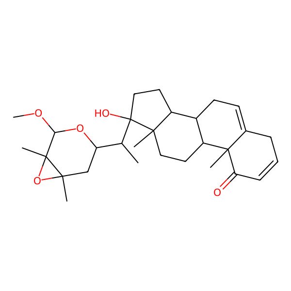 2D Structure of (8S,9S,10R,13S,14S,17S)-17-hydroxy-17-[(1R)-1-[(1R,2S,4R,6S)-2-methoxy-1,6-dimethyl-3,7-dioxabicyclo[4.1.0]heptan-4-yl]ethyl]-10,13-dimethyl-7,8,9,11,12,14,15,16-octahydro-4H-cyclopenta[a]phenanthren-1-one