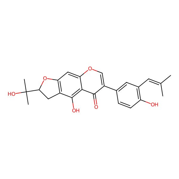 2D Structure of (2S)-4-hydroxy-6-[4-hydroxy-3-(2-methylprop-1-enyl)phenyl]-2-(2-hydroxypropan-2-yl)-2,3-dihydrofuro[3,2-g]chromen-5-one
