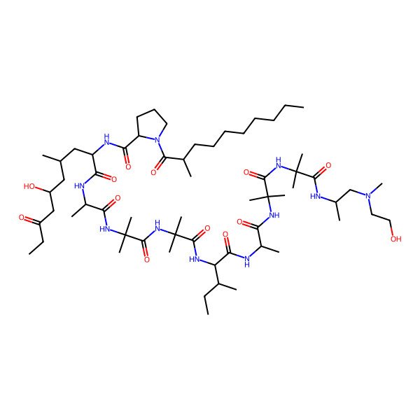 2D Structure of N-[6-hydroxy-1-[[1-[[1-[[1-[[1-[[1-[[1-[[1-[1-[2-hydroxyethyl(methyl)amino]propan-2-ylamino]-2-methyl-1-oxopropan-2-yl]amino]-2-methyl-1-oxopropan-2-yl]amino]-1-oxopropan-2-yl]amino]-3-methyl-1-oxopentan-2-yl]amino]-2-methyl-1-oxopropan-2-yl]amino]-2-methyl-1-oxopropan-2-yl]amino]-1-oxopropan-2-yl]amino]-4-methyl-1,8-dioxodecan-2-yl]-1-(2-methyldecanoyl)pyrrolidine-2-carboxamide