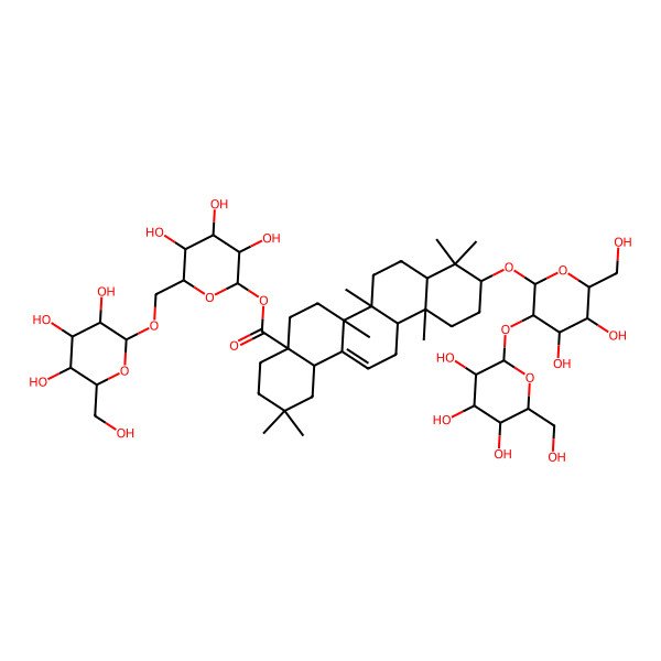 2D Structure of [3,4,5-Trihydroxy-6-[[3,4,5-trihydroxy-6-(hydroxymethyl)oxan-2-yl]oxymethyl]oxan-2-yl] 10-[4,5-dihydroxy-6-(hydroxymethyl)-3-[3,4,5-trihydroxy-6-(hydroxymethyl)oxan-2-yl]oxyoxan-2-yl]oxy-2,2,6a,6b,9,9,12a-heptamethyl-1,3,4,5,6,6a,7,8,8a,10,11,12,13,14b-tetradecahydropicene-4a-carboxylate