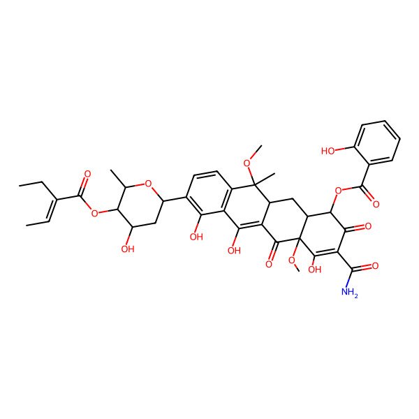 2D Structure of [3-carbamoyl-8-[5-[(Z)-2-ethylbut-2-enoyl]oxy-4-hydroxy-6-methyloxan-2-yl]-4,6,7-trihydroxy-4a,11-dimethoxy-11-methyl-2,5-dioxo-1,11a,12,12a-tetrahydrotetracen-1-yl] 2-hydroxybenzoate