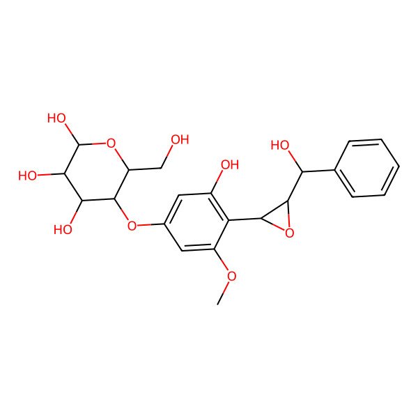 2D Structure of (2R,3R,4R,5S,6R)-5-[3-hydroxy-4-[(2S,3S)-3-[(S)-hydroxy(phenyl)methyl]oxiran-2-yl]-5-methoxyphenoxy]-6-(hydroxymethyl)oxane-2,3,4-triol
