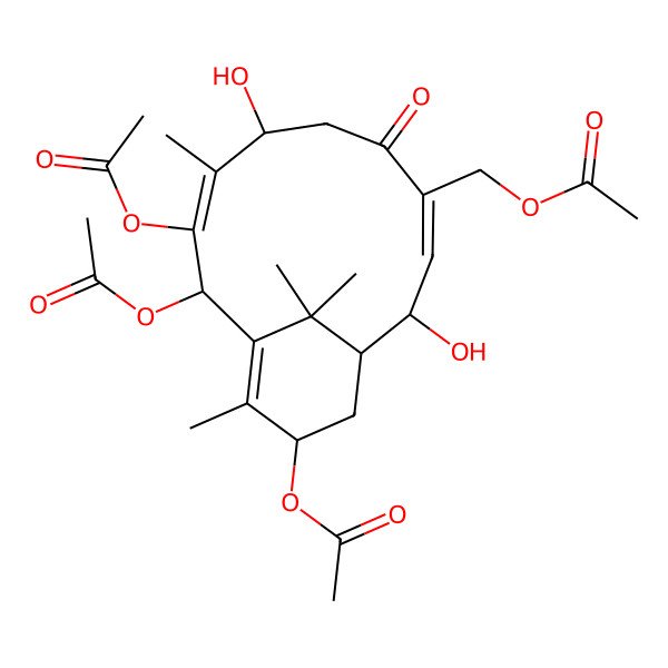 2D Structure of [(1R,2S,3Z,7R,8E,10R,13S)-9,10,13-triacetyloxy-2,7-dihydroxy-8,12,15,15-tetramethyl-5-oxo-4-bicyclo[9.3.1]pentadeca-3,8,11-trienyl]methyl acetate