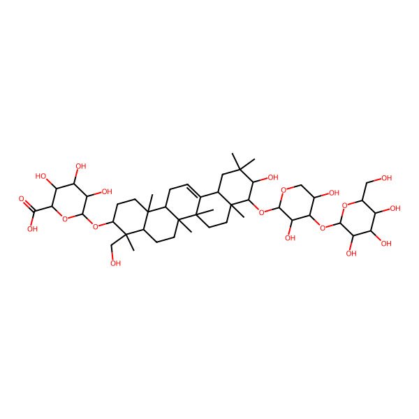 2D Structure of (2S,3S,4S,5R,6R)-6-[[(3S,4S,4aR,6aR,6bS,8aR,9S,10R,12aS,14aR,14bR)-9-[(2S,3R,4S,5S)-3,5-dihydroxy-4-[(2S,3R,4S,5S,6R)-3,4,5-trihydroxy-6-(hydroxymethyl)oxan-2-yl]oxyoxan-2-yl]oxy-10-hydroxy-4-(hydroxymethyl)-4,6a,6b,8a,11,11,14b-heptamethyl-1,2,3,4a,5,6,7,8,9,10,12,12a,14,14a-tetradecahydropicen-3-yl]oxy]-3,4,5-trihydroxyoxane-2-carboxylic acid