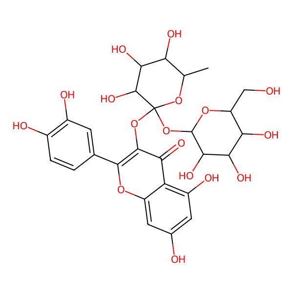 2D Structure of 2-(3,4-dihydroxyphenyl)-5,7-dihydroxy-3-[(3S,4S,5S,6R)-3,4,5-trihydroxy-6-methyl-2-[(2R,3S,5S)-3,4,5-trihydroxy-6-(hydroxymethyl)oxan-2-yl]oxyoxan-2-yl]oxychromen-4-one
