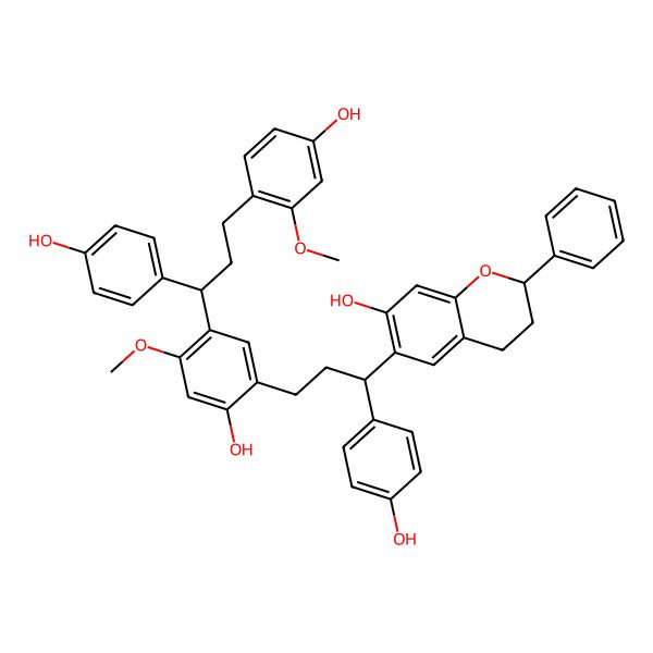 2D Structure of 6-[3-[2-hydroxy-5-[3-(4-hydroxy-2-methoxyphenyl)-1-(4-hydroxyphenyl)propyl]-4-methoxyphenyl]-1-(4-hydroxyphenyl)propyl]-2-phenyl-3,4-dihydro-2H-chromen-7-ol