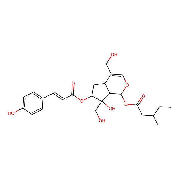 2D Structure of [(1S,4aS,6S,7R,7aS)-7-hydroxy-4,7-bis(hydroxymethyl)-6-[(Z)-3-(4-hydroxyphenyl)prop-2-enoyl]oxy-4a,5,6,7a-tetrahydro-1H-cyclopenta[c]pyran-1-yl] 3-methylpentanoate