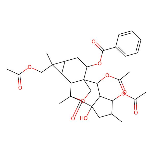 2D Structure of [(1R,2R,3R,4S,5S,7R,9R,10R,11S,12R,13S,15R)-2,4-diacetyloxy-12-(acetyloxymethyl)-7-hydroxy-5,9,12-trimethyl-8-oxo-17-oxapentacyclo[7.6.2.01,10.03,7.011,13]heptadecan-15-yl] benzoate