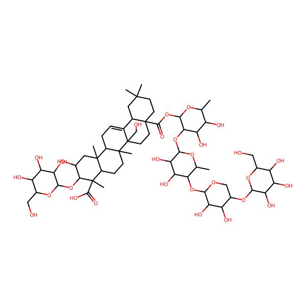 2D Structure of (2S,3R,4S,4aR,6aR,6bR,8aS,12aS,14aR,14bR)-8a-[(2R,3S,4R,5S,6S)-3-[(2R,3S,4R,5S,6R)-5-[(2S,3R,4R,5R)-3,4-dihydroxy-5-[(2S,3R,4S,5R,6R)-3,4,5-trihydroxy-6-(hydroxymethyl)oxan-2-yl]oxyoxan-2-yl]oxy-3,4-dihydroxy-6-methyloxan-2-yl]oxy-4,5-dihydroxy-6-methyloxan-2-yl]oxycarbonyl-2-hydroxy-6b-(hydroxymethyl)-4,6a,11,11,14b-pentamethyl-3-[(2R,3R,4S,5S,6R)-3,4,5-trihydroxy-6-(hydroxymethyl)oxan-2-yl]oxy-1,2,3,4a,5,6,7,8,9,10,12,12a,14,14a-tetradecahydropicene-4-carboxylic acid