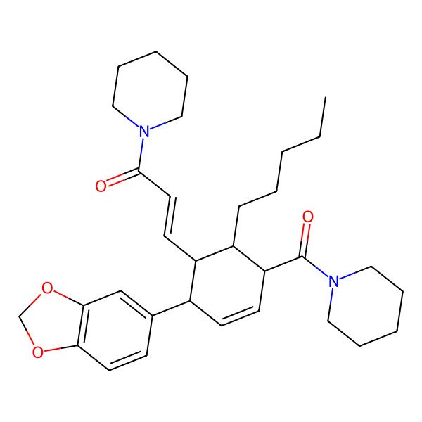 2D Structure of (E)-3-[(1S,2S,5R,6S)-2-(1,3-benzodioxol-5-yl)-6-pentyl-5-(piperidine-1-carbonyl)cyclohex-3-en-1-yl]-1-piperidin-1-ylprop-2-en-1-one