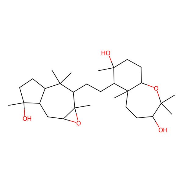 2D Structure of 6-[2-(3-hydroxy-3,6,6,7a-tetramethyl-2,2a,4,5,5a,7-hexahydro-1aH-azuleno[6,7-b]oxiren-7-yl)ethyl]-2,2,5a,7-tetramethyl-4,5,6,8,9,9a-hexahydro-3H-benzo[b]oxepine-3,7-diol