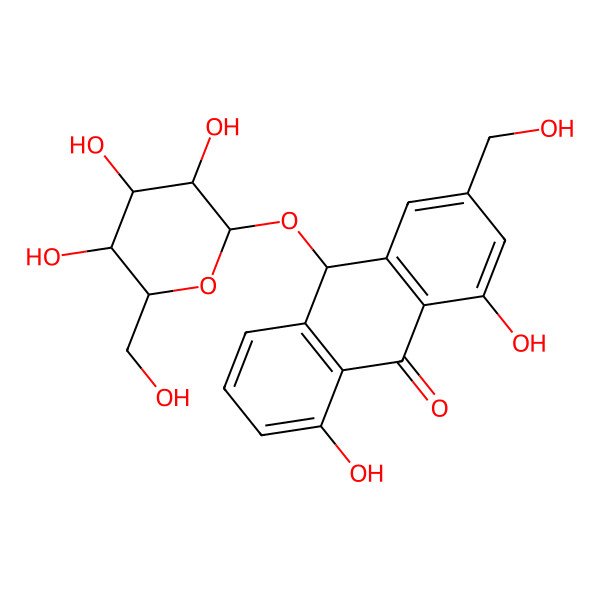 2D Structure of 1,8-dihydroxy-3-(hydroxymethyl)-10-[3,4,5-trihydroxy-6-(hydroxymethyl)oxan-2-yl]oxy-10H-anthracen-9-one