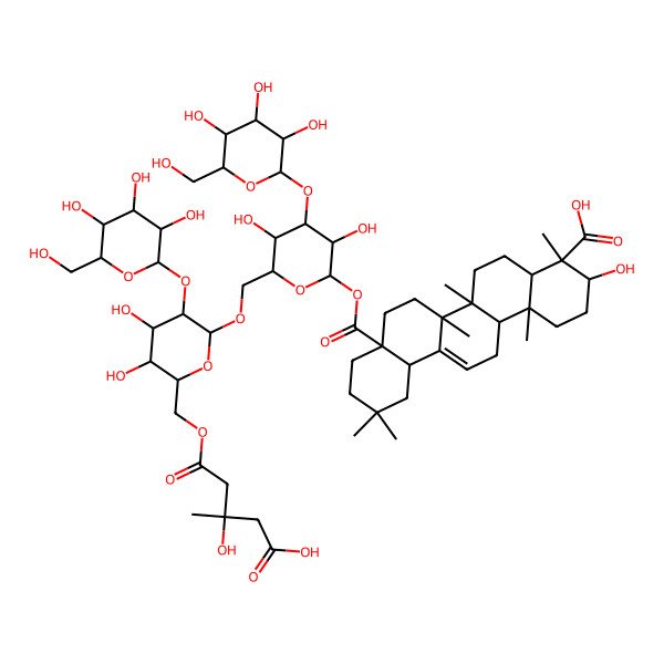 2D Structure of 8a-[6-[[6-[(4-Carboxy-3-hydroxy-3-methylbutanoyl)oxymethyl]-4,5-dihydroxy-3-[3,4,5-trihydroxy-6-(hydroxymethyl)oxan-2-yl]oxyoxan-2-yl]oxymethyl]-3,5-dihydroxy-4-[3,4,5-trihydroxy-6-(hydroxymethyl)oxan-2-yl]oxyoxan-2-yl]oxycarbonyl-3-hydroxy-4,6a,6b,11,11,14b-hexamethyl-1,2,3,4a,5,6,7,8,9,10,12,12a,14,14a-tetradecahydropicene-4-carboxylic acid