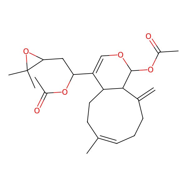 2D Structure of [4-[1-acetyloxy-2-(3,3-dimethyloxiran-2-yl)ethyl]-7-methyl-11-methylidene-4a,5,6,9,10,11a-hexahydro-1H-cyclonona[c]pyran-1-yl] acetate
