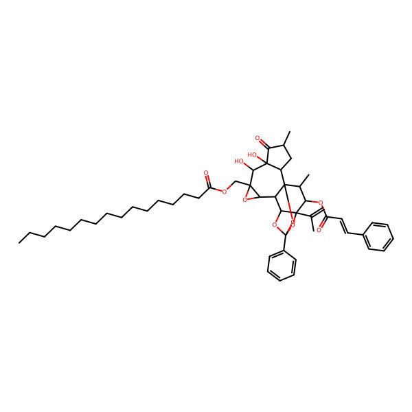 2D Structure of [(1R,2R,4S,6S,7S,8R,10S,11S,12R,14S,16S,17R,18R)-6,7-dihydroxy-4,18-dimethyl-5-oxo-14-phenyl-17-[(E)-3-phenylprop-2-enoyl]oxy-16-prop-1-en-2-yl-9,13,15,19-tetraoxahexacyclo[12.4.1.01,11.02,6.08,10.012,16]nonadecan-8-yl]methyl hexadecanoate