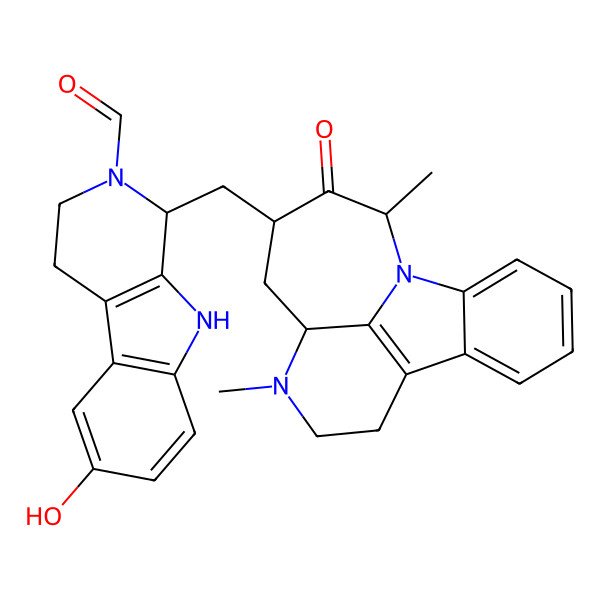 2D Structure of 1-[(4,9-Dimethyl-8-oxo-4,10-diazatetracyclo[8.6.1.05,17.011,16]heptadeca-1(17),11,13,15-tetraen-7-yl)methyl]-6-hydroxy-1,3,4,9-tetrahydropyrido[3,4-b]indole-2-carbaldehyde