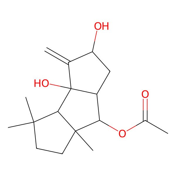 2D Structure of (3b,5-dihydroxy-3,3,7a-trimethyl-4-methylidene-2,3a,5,6,6a,7-hexahydro-1H-cyclopenta[b]pentalen-7-yl) acetate