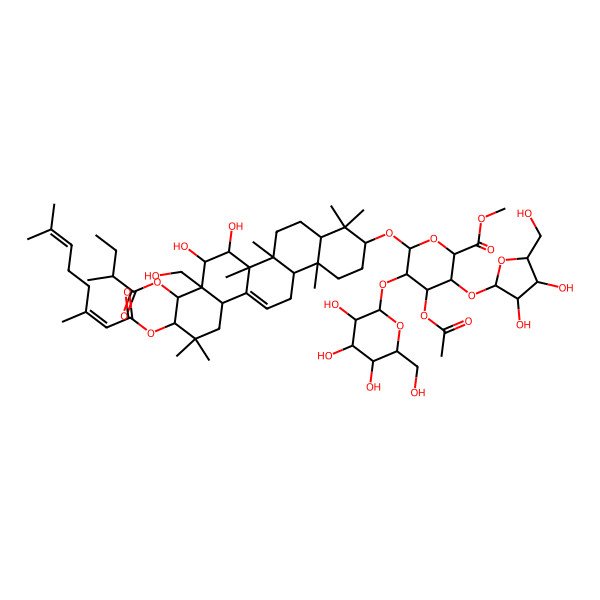 2D Structure of methyl (2S,3S,4S,5R,6R)-6-[[(3S,4aR,6aR,6bS,7R,8S,8aR,9R,10R,12aS,14aR,14bR)-10-[(2Z)-3,7-dimethylocta-2,6-dienoyl]oxy-7,8-dihydroxy-8a-(hydroxymethyl)-4,4,6a,6b,11,11,14b-heptamethyl-9-[(2R)-2-methylbutanoyl]oxy-1,2,3,4a,5,6,7,8,9,10,12,12a,14,14a-tetradecahydropicen-3-yl]oxy]-4-acetyloxy-3-[(2S,3R,4R,5S)-3,4-dihydroxy-5-(hydroxymethyl)oxolan-2-yl]oxy-5-[(2S,3R,4S,5S,6R)-3,4,5-trihydroxy-6-(hydroxymethyl)oxan-2-yl]oxyoxane-2-carboxylate