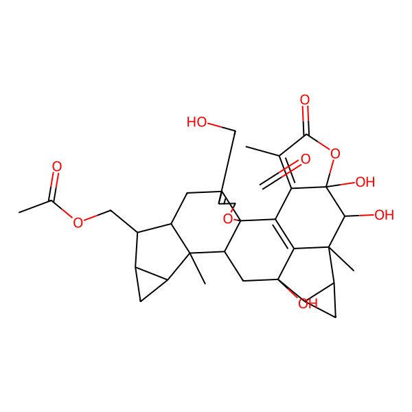 2D Structure of [16,21,22-Trihydroxy-5-(hydroxymethyl)-13,20,25-trimethyl-4,24-dioxo-3,23-dioxanonacyclo[14.10.1.02,6.02,14.08,13.010,12.017,19.020,27.022,26]heptacosa-1(27),5,25-trien-9-yl]methyl acetate